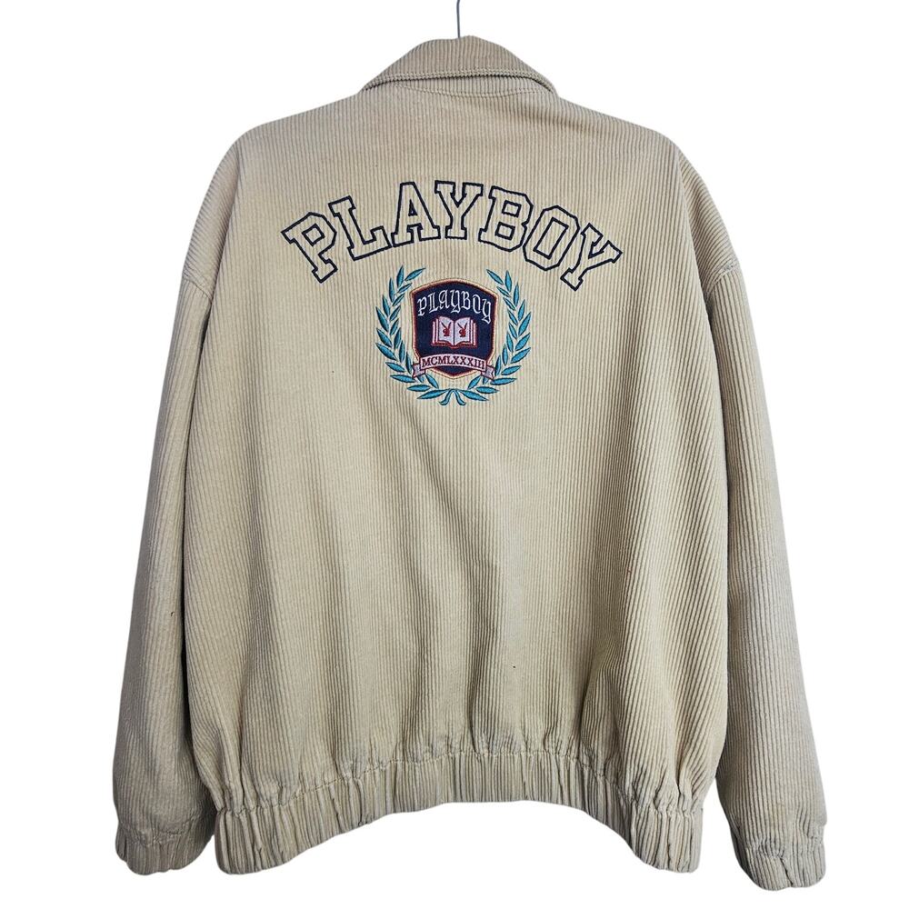 Pacsun Playboy Mens Corduroy Bomber Jacket Size M/L FUll Zip Varsity Embroidered